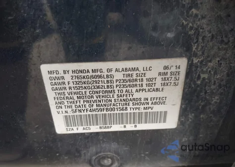 2015 Honda Pilot Ex-L from USA, damaged, VIN 5FNYF4H59FB001568